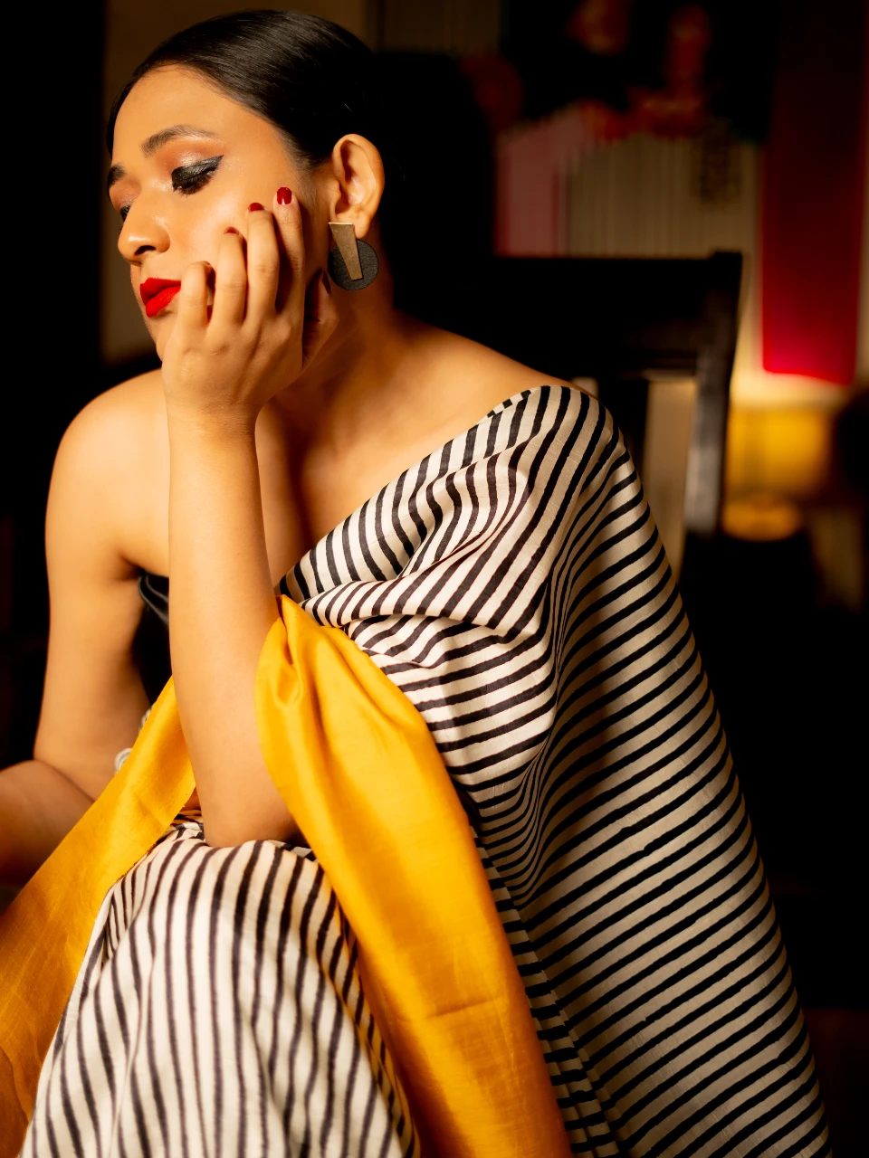 Black and White Pure silk striped Sari