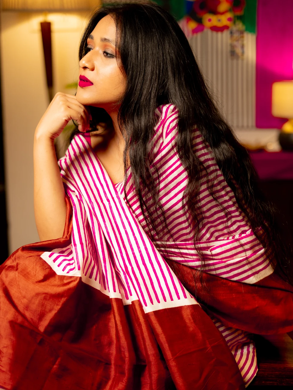 Pink and Burnt Sienna Pure silk saree