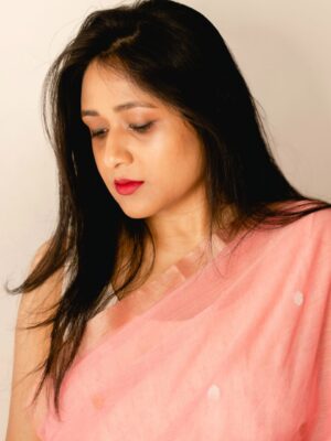 Silver & Copper Zari Pink Cotton Jamdani Sari