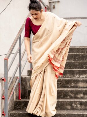 Tussar Cotton Handwoven Jamdani Sari - Maroon 2
