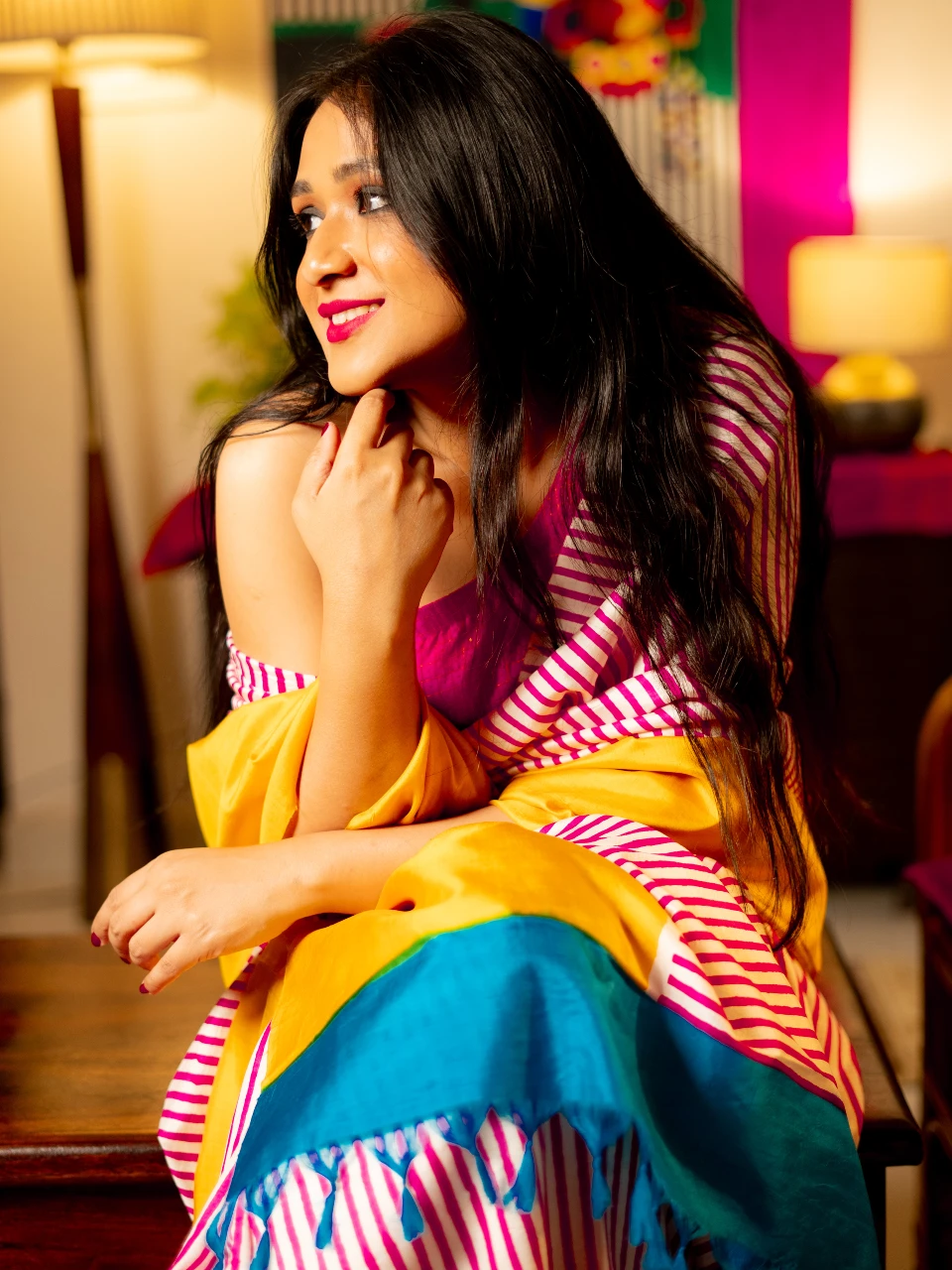 Viva Magenta with golden mahapar silk saree