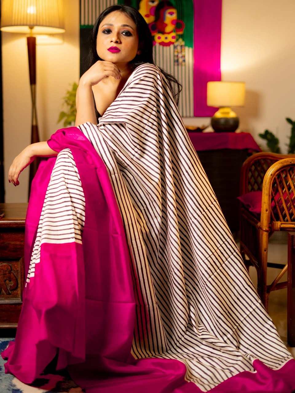 Viva magenta black stripe silk saree