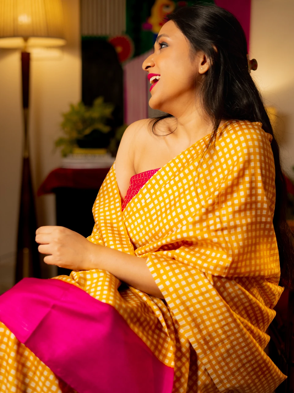 golden checks and pink mahapar silk saree