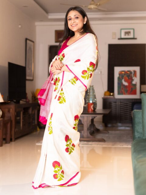 eho-earth-whispers-of-artistry-rani-pink-floral-stripes-mulberry-silk-saree