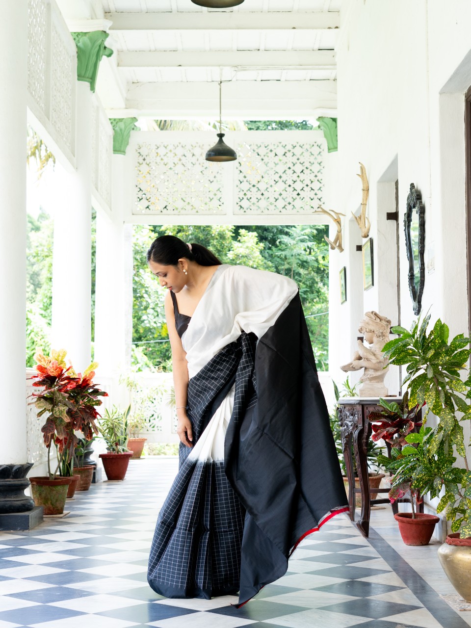 Black and white ikat silk saree