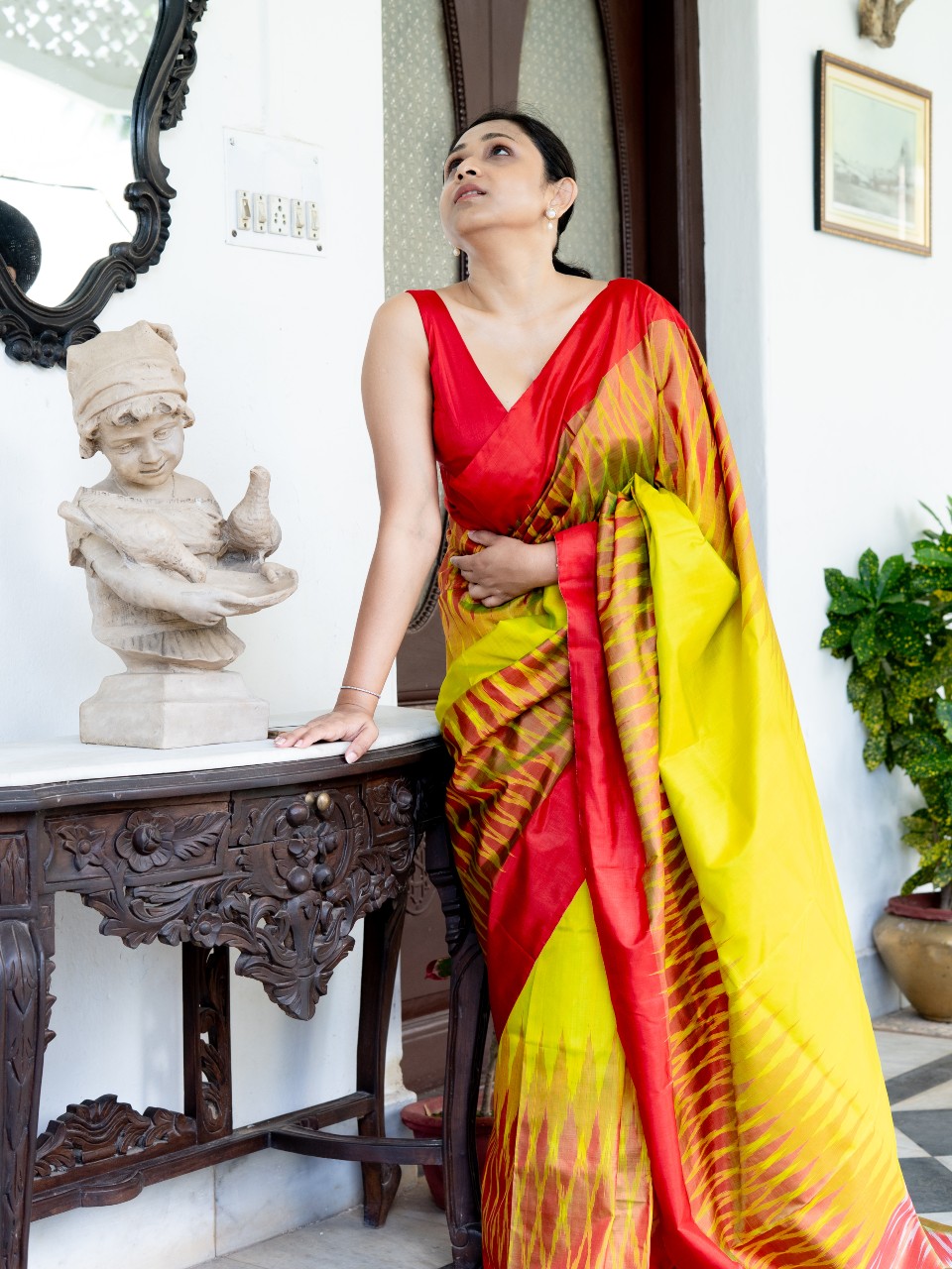 Lemon green ikat silk saree