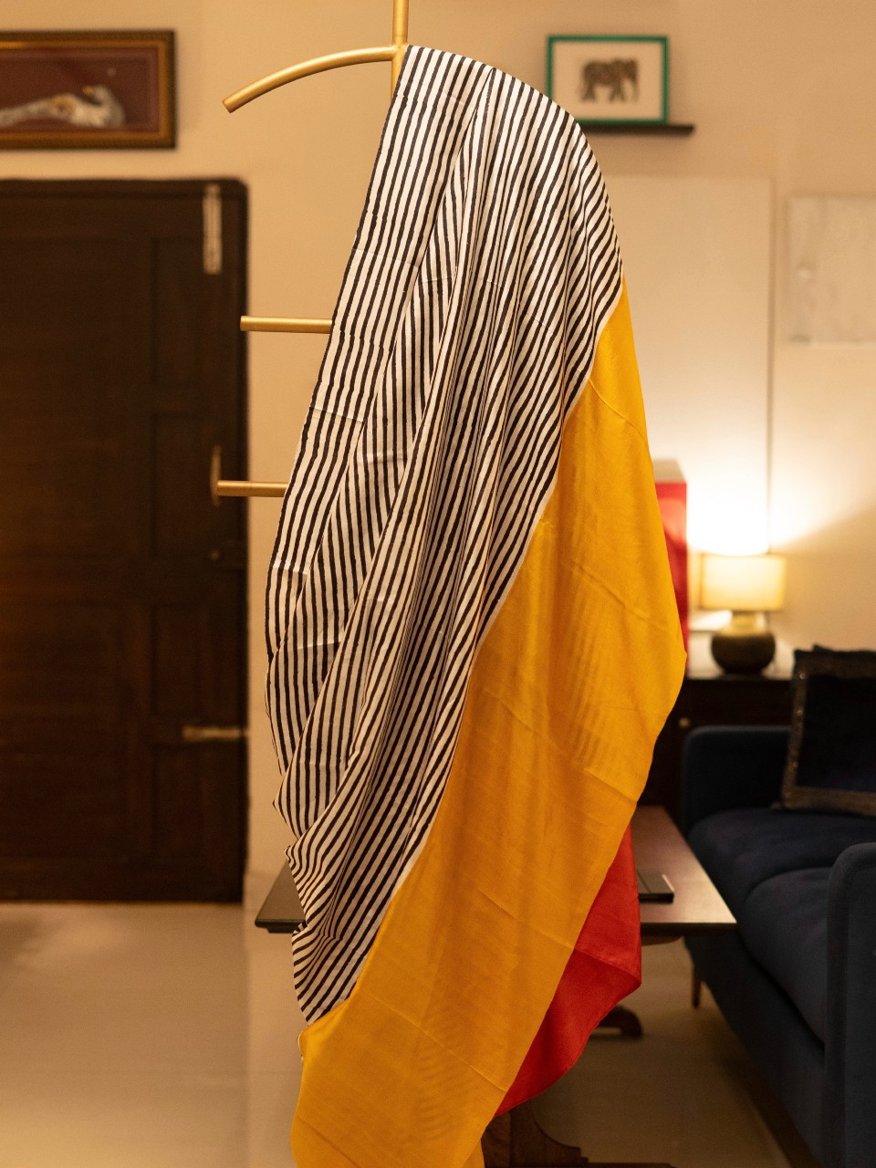 Black and golden yellow striped silk saree