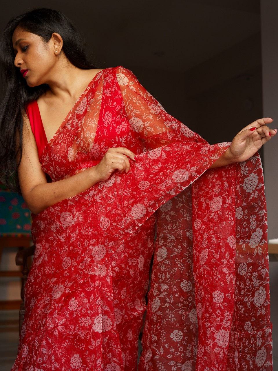 Red Floral Organza Silk Saree