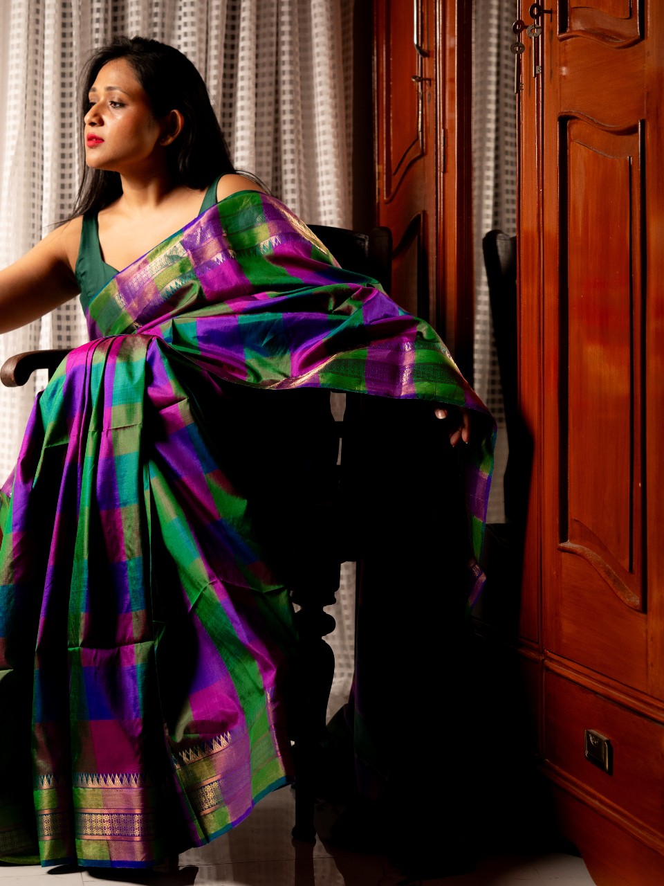 checkered green and purple silk saree